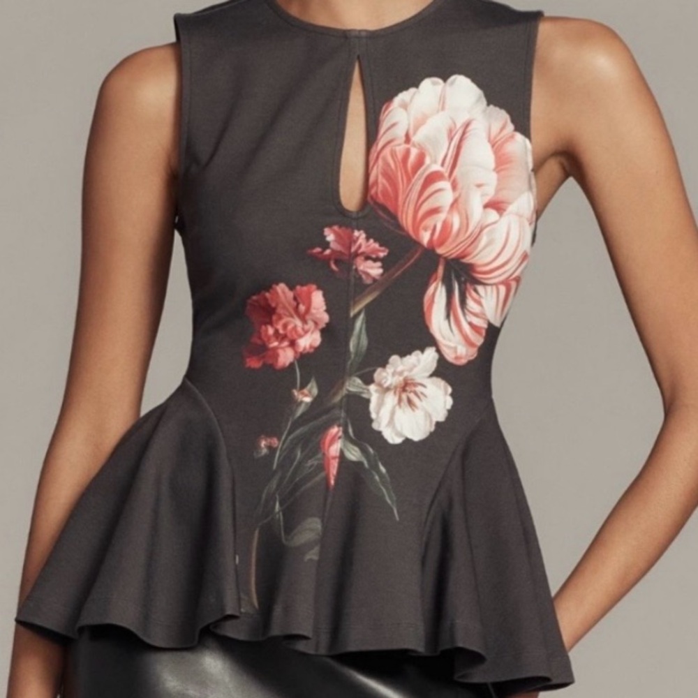 🟠NWT MAEVE by ANTHROPOLOGIE Night Watch Peplum Tank Top in Black w/Floral SMALL